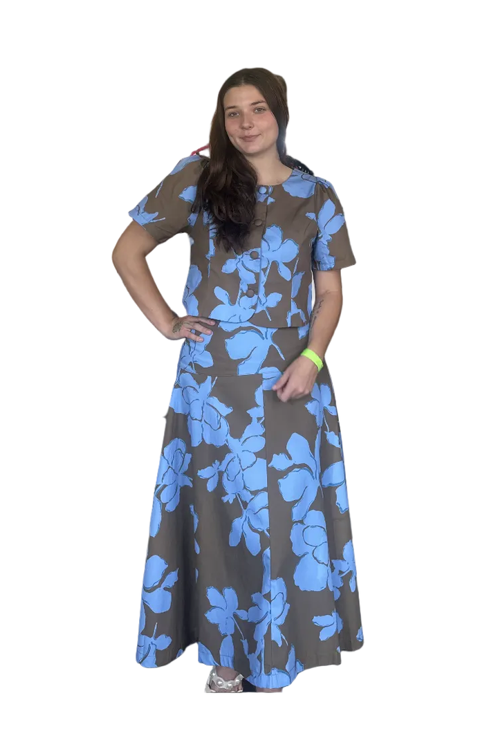 Entro Blue Floral Chocolate Brown Midi Skirt
