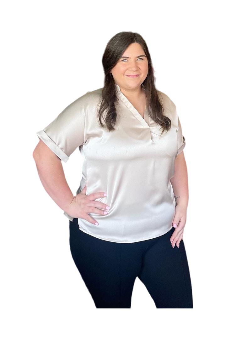 Vneck Placket Sleeve Cuff Top - Vintage Dragonfly Boutique