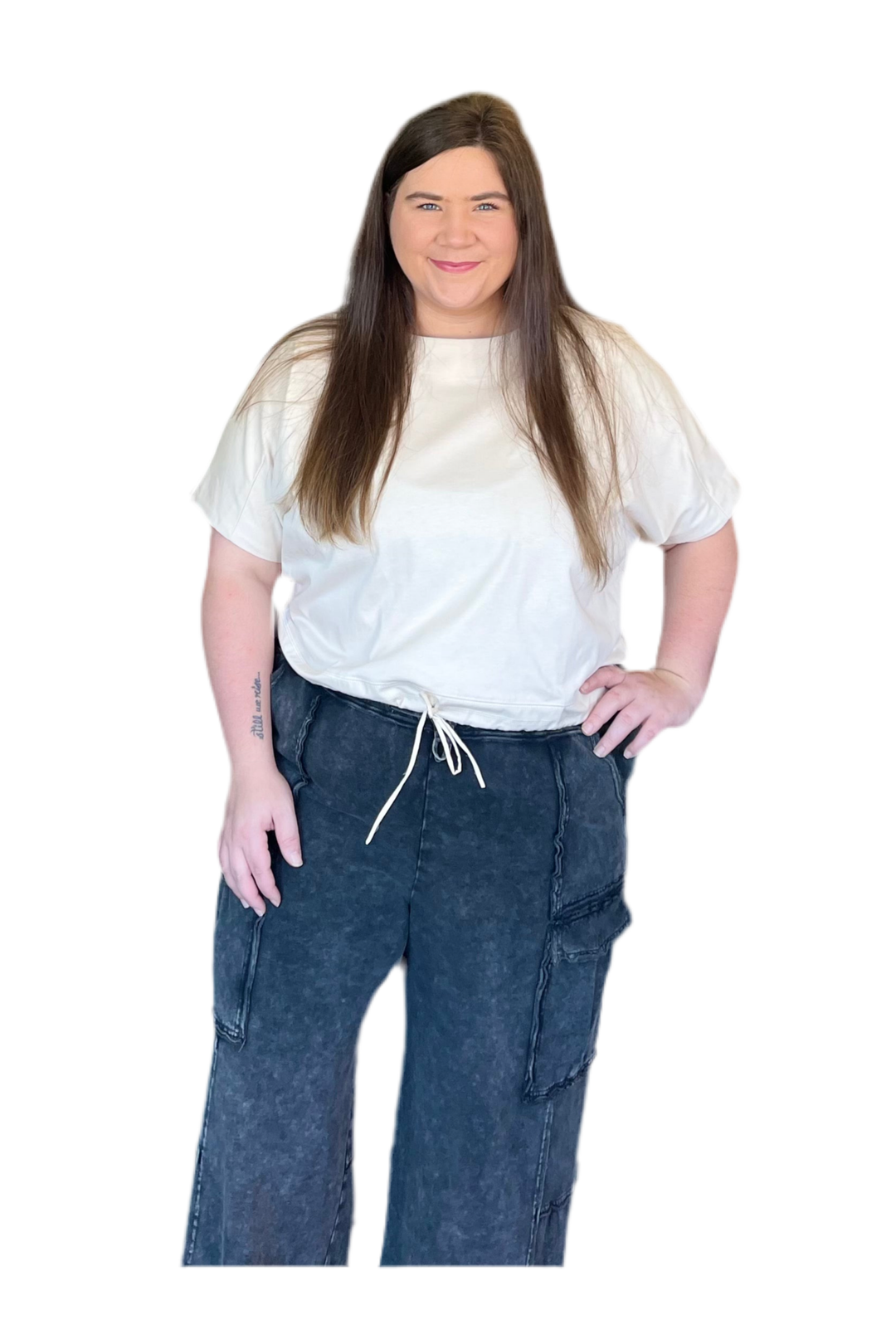 Ecru color short sleeve draw sting at the waist top 