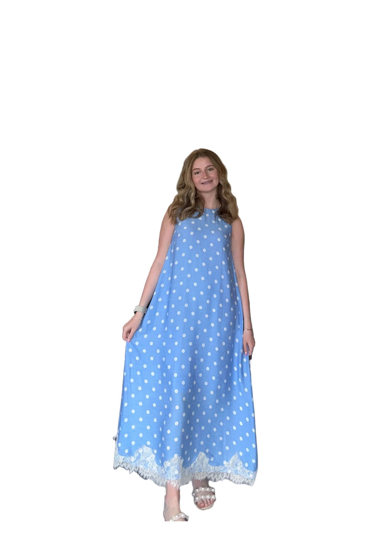 Entro Blue Polka Dot Maxi Dress | Sleeveless Lightweight Summer Dress - Vintage Dragonfly Boutique