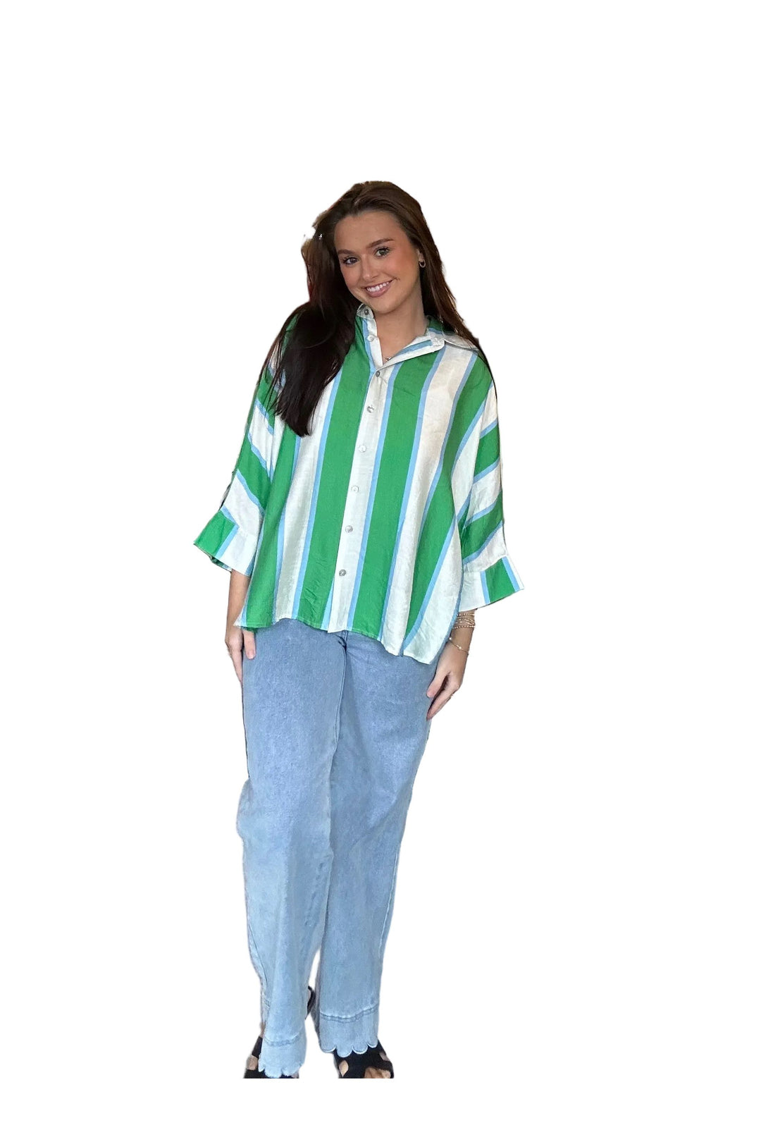 Entro Striped Button-Up Top – Green with White Relaxed Fit Blouse - Vintage Dragonfly Boutique