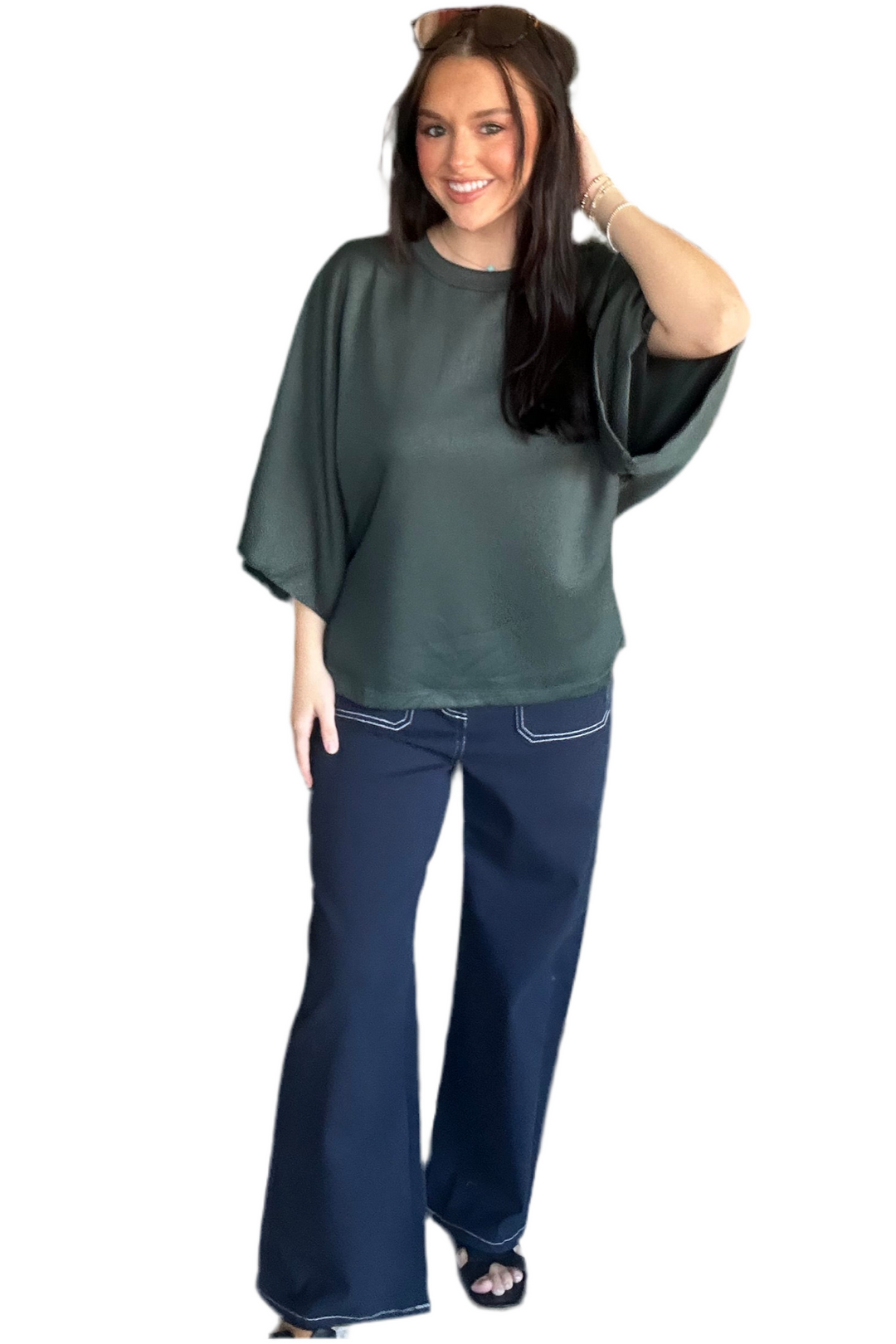 Entro Dark Green Knit Top – Elbow Sleeve Relaxed Silhouette Blouse