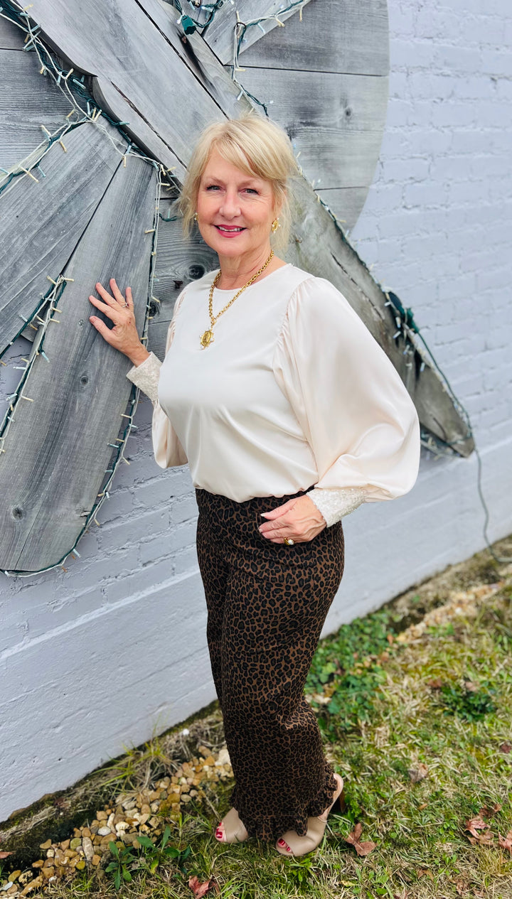 Champagne Sequin Cuff Blouse – Vine & Love Long Sleeve Top with Keyhole Back