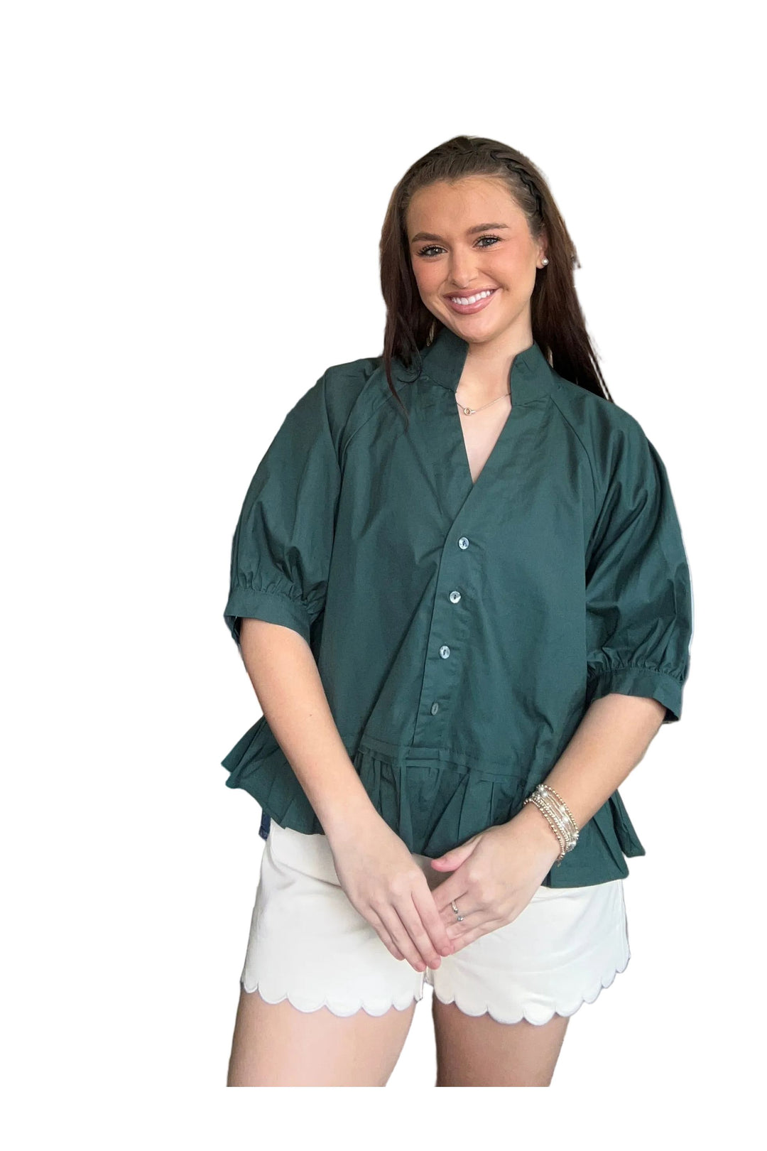 Entro Ruffle Hem Button Front Blouse – Cream &amp; Forest Green - Vintage Dragonfly Boutique