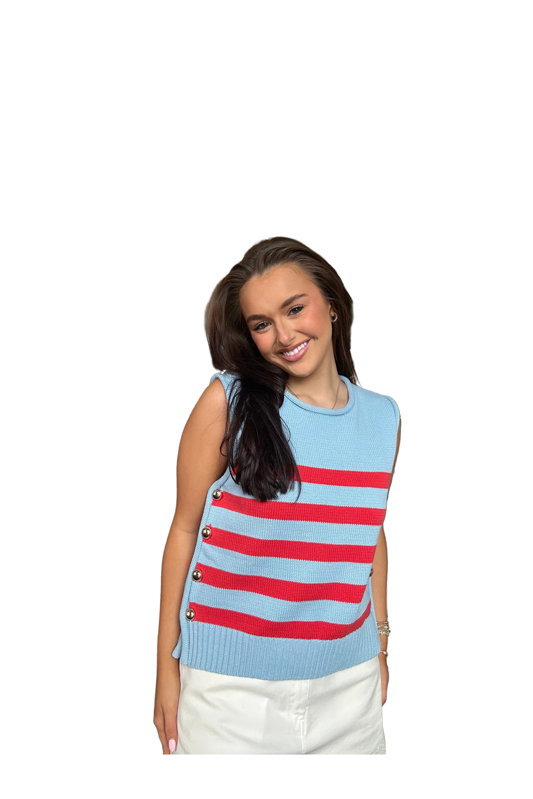 Entro Blue &amp; Red Striped Sweater Vest with Gold Button Detail - Vintage Dragonfly Boutique