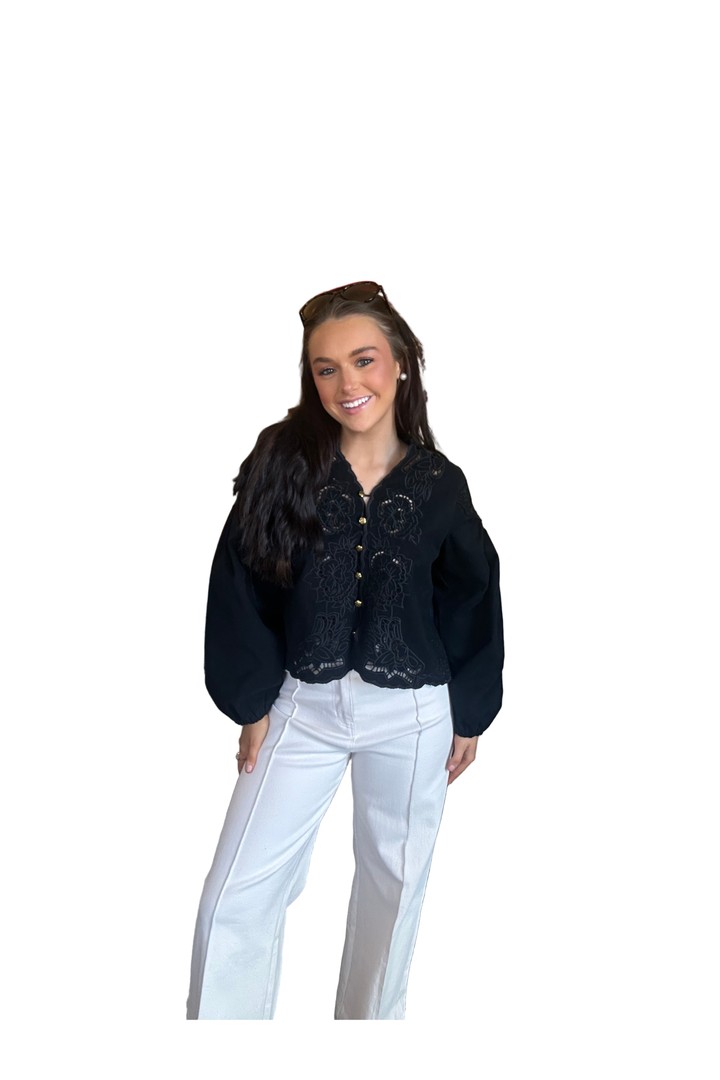 Aaron & Amber Embroidered Denim Jacket – Black Boho Style Layering Piece