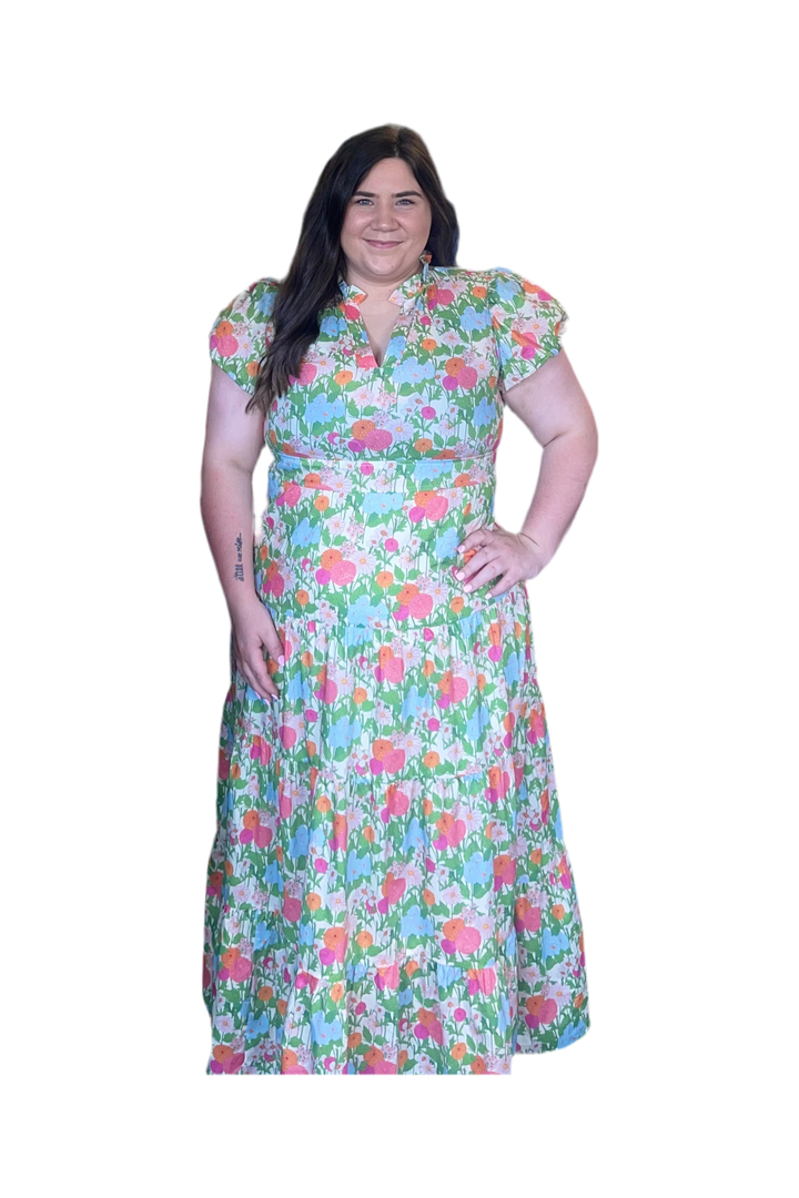 Entro Mustard Mix  Bubble Sleeve Tiered Midi Dress - Vintage Dragonfly Boutique