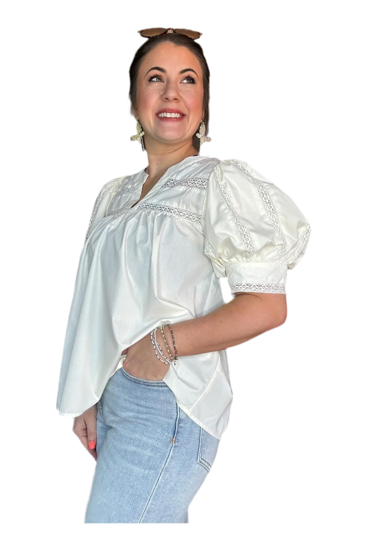 Cream V-neck Short Puff Sleeve Top - Vintage Dragonfly Boutique