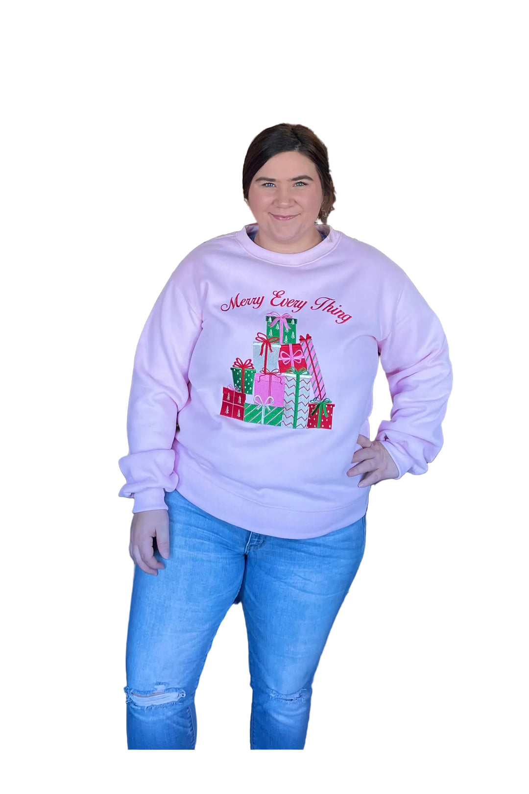Light Pink “Merry Everything” Embroidered Fleece Terry Sweatshirt by Peach Love