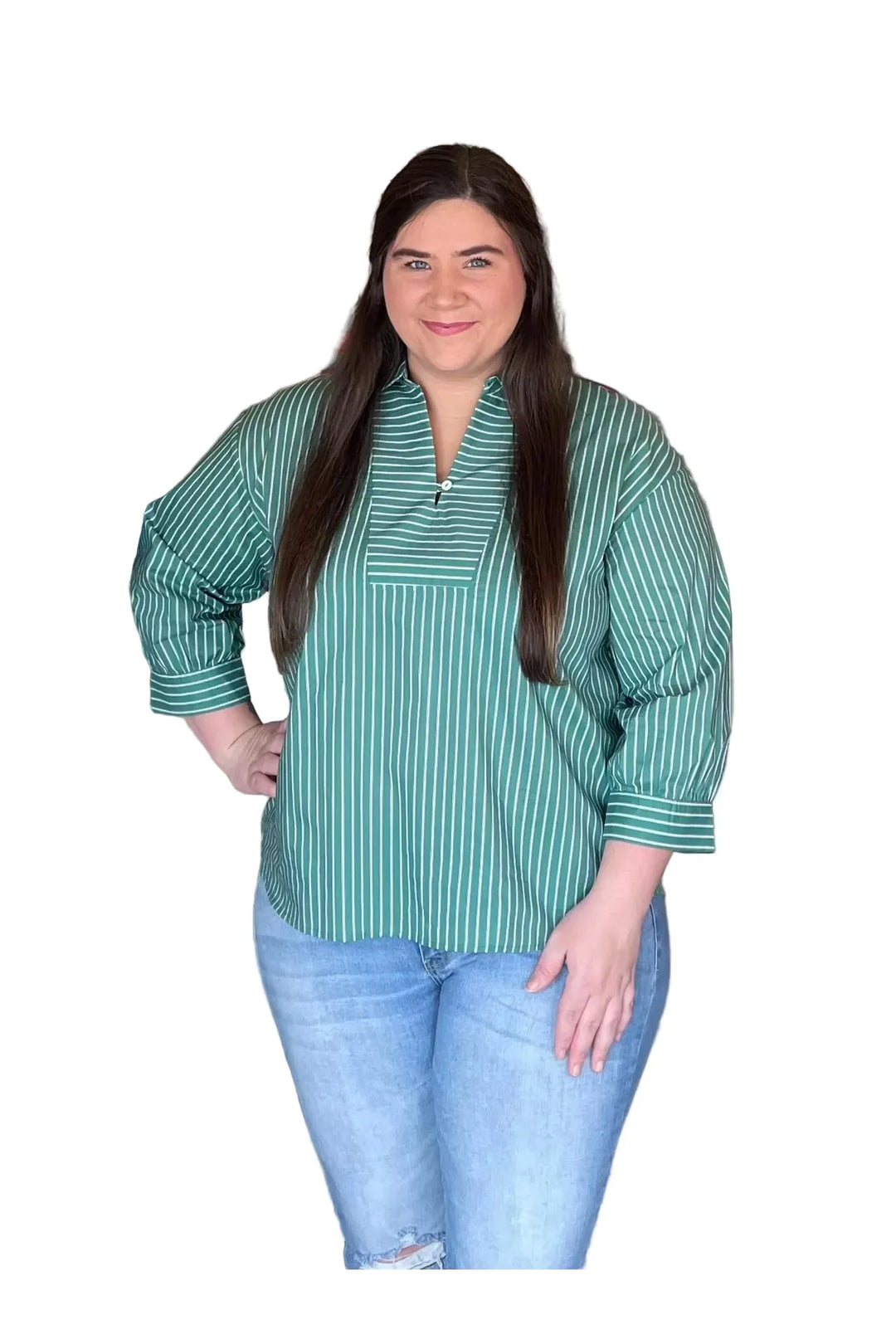 Entro Green Striped Split-Neck Tunic Top - Vintage Dragonfly Boutique