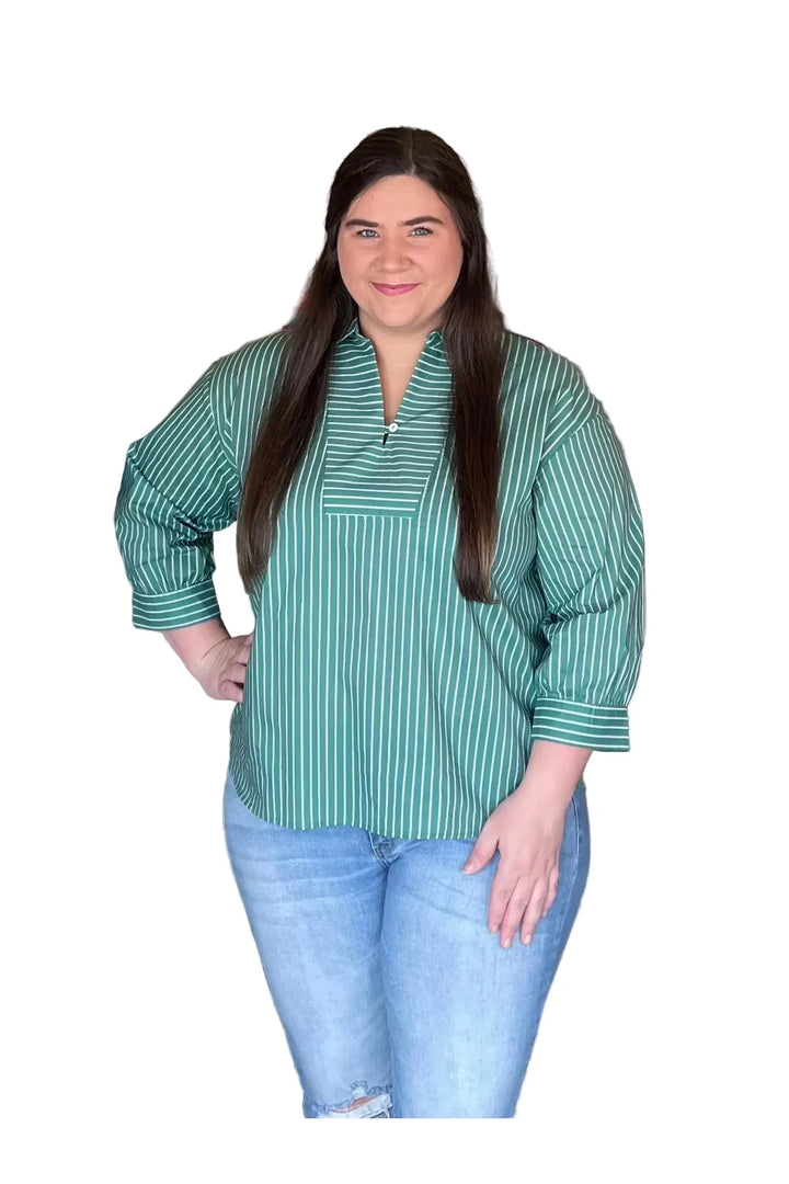 Entro Green Striped Split-Neck Tunic Top - Vintage Dragonfly Boutique