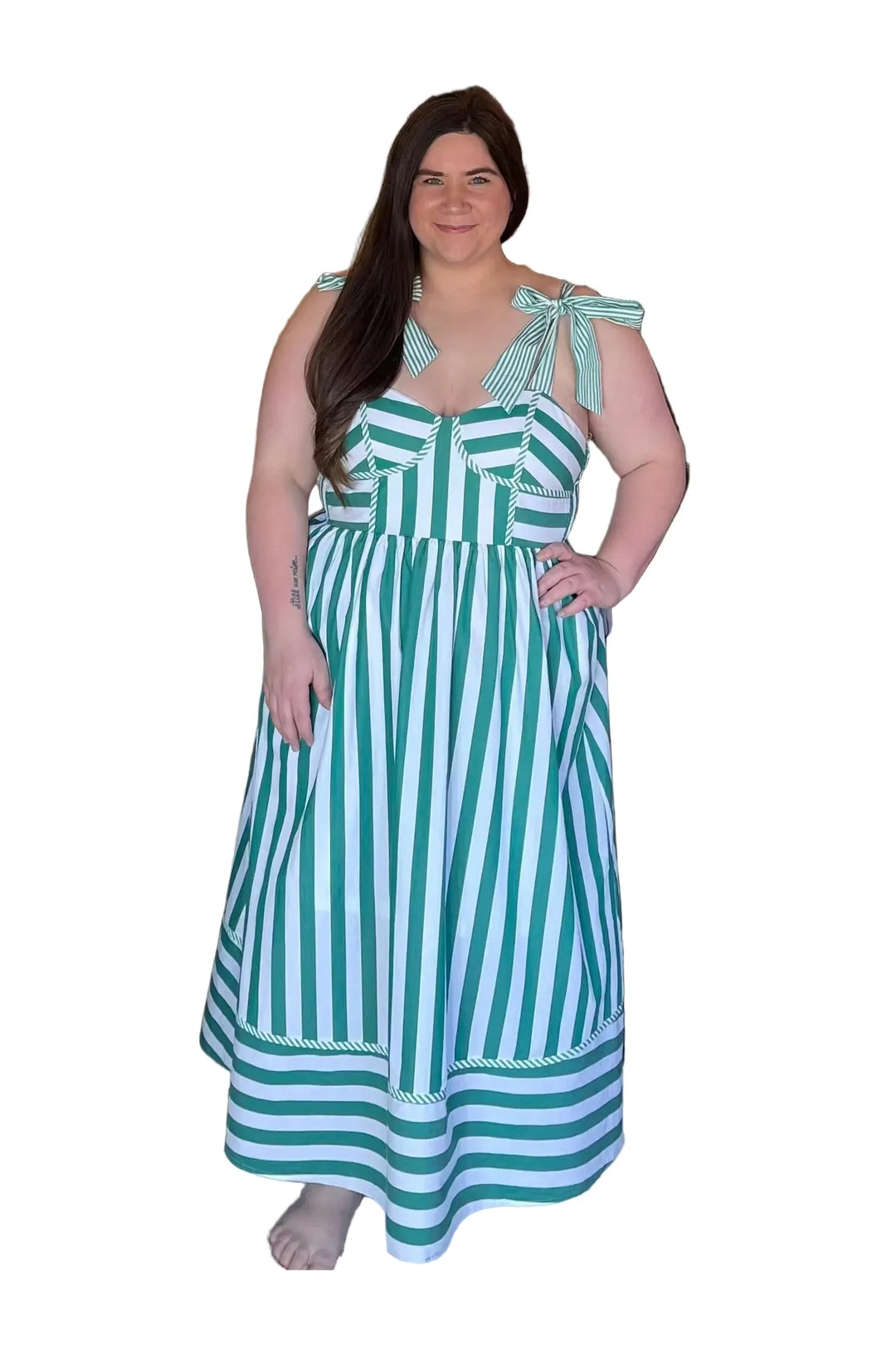 Entro Green & White Striped Tie-Strap Midi Dress - Vintage Dragonfly Boutique