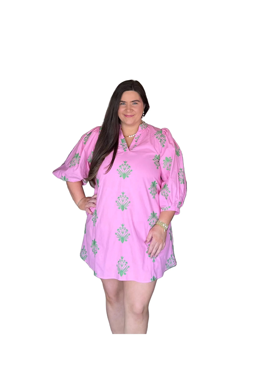 Pink Mini Dress with Green Embroidery by Entro - Vintage Dragonfly Boutique