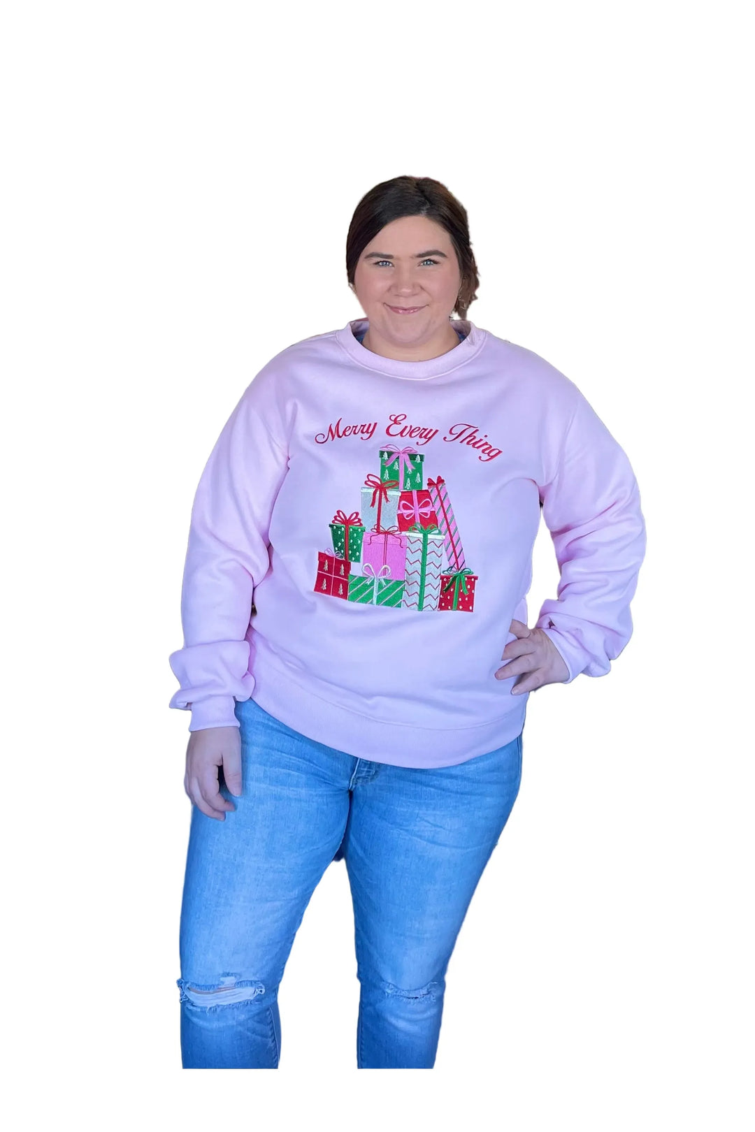 Light Pink “Merry Everything” Embroidered Fleece Terry Sweatshirt by Peach Love