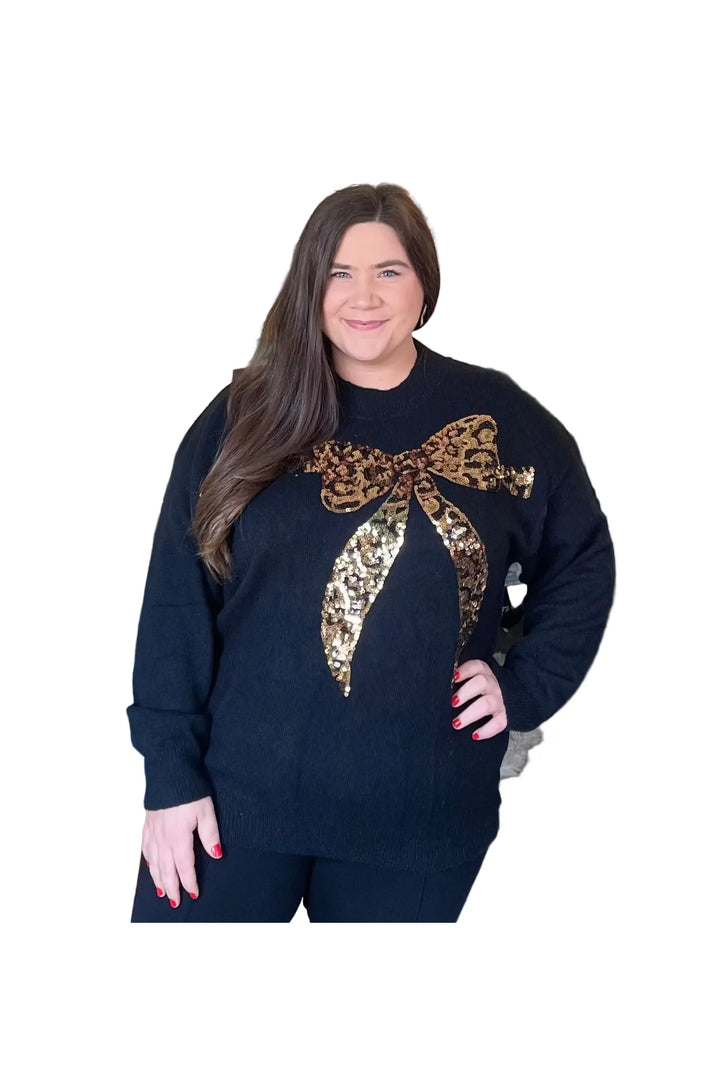 Black Sweater With Animal Pattern Bow