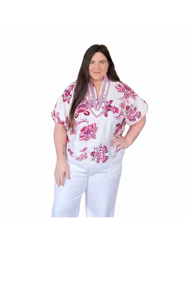 Entro Pink Floral Elasticized Short Sleeve Top - Vintage Dragonfly Boutique