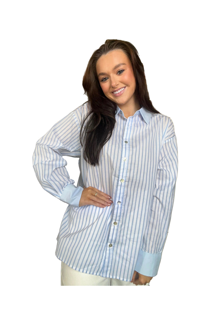 Blue & Off-White Pinstripe Button Front Collared Top by ENTRO - Vintage Dragonfly Boutique