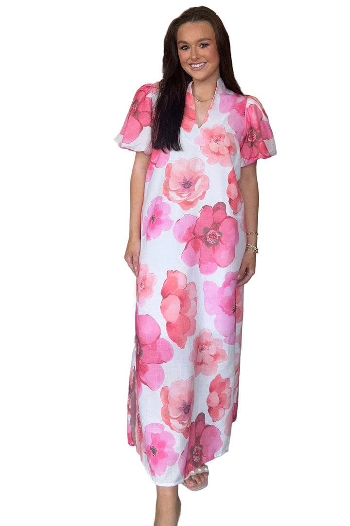 Pink Combo Floral Midi Dress with Short Puff Sleeves by ENTRO - Vintage Dragonfly Boutique