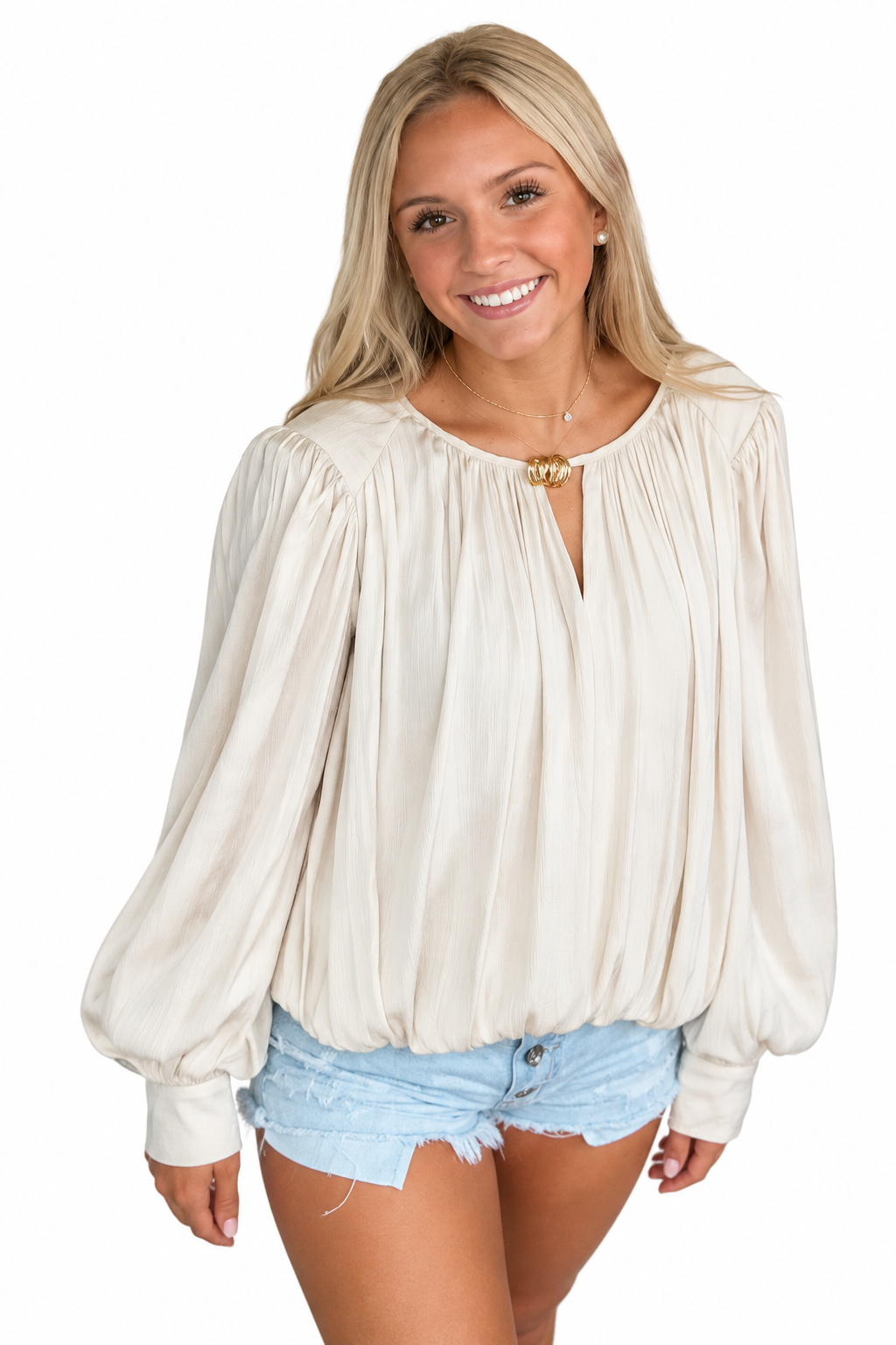 Entro Long Sleeve Blouse with Gold-Tone Neckline Detail - Vintage Dragonfly Boutique