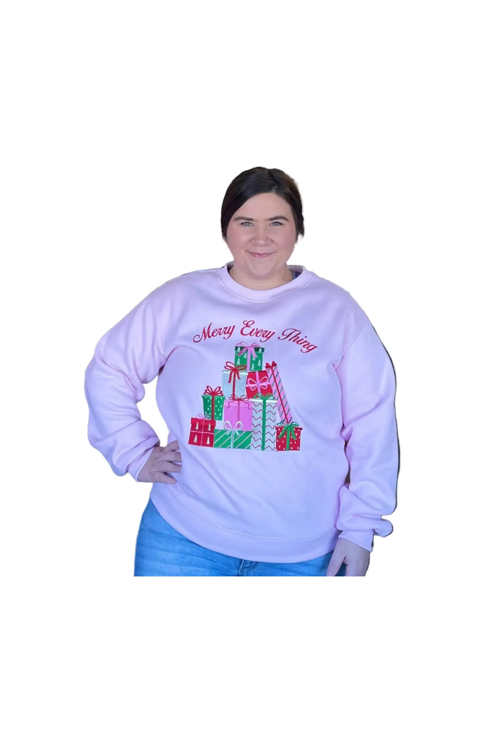 Light Pink “Merry Everything” Embroidered Fleece Terry Sweatshirt by Peach Love - Vintage Dragonfly Boutique