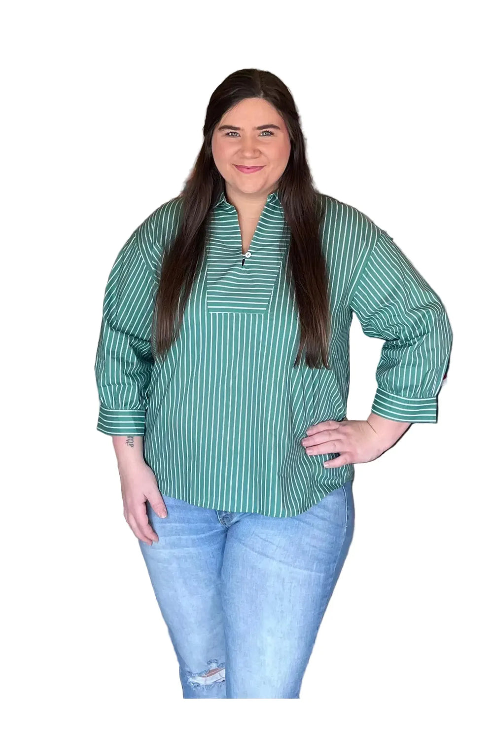 Entro Green Striped Split-Neck Tunic Top - Vintage Dragonfly Boutique