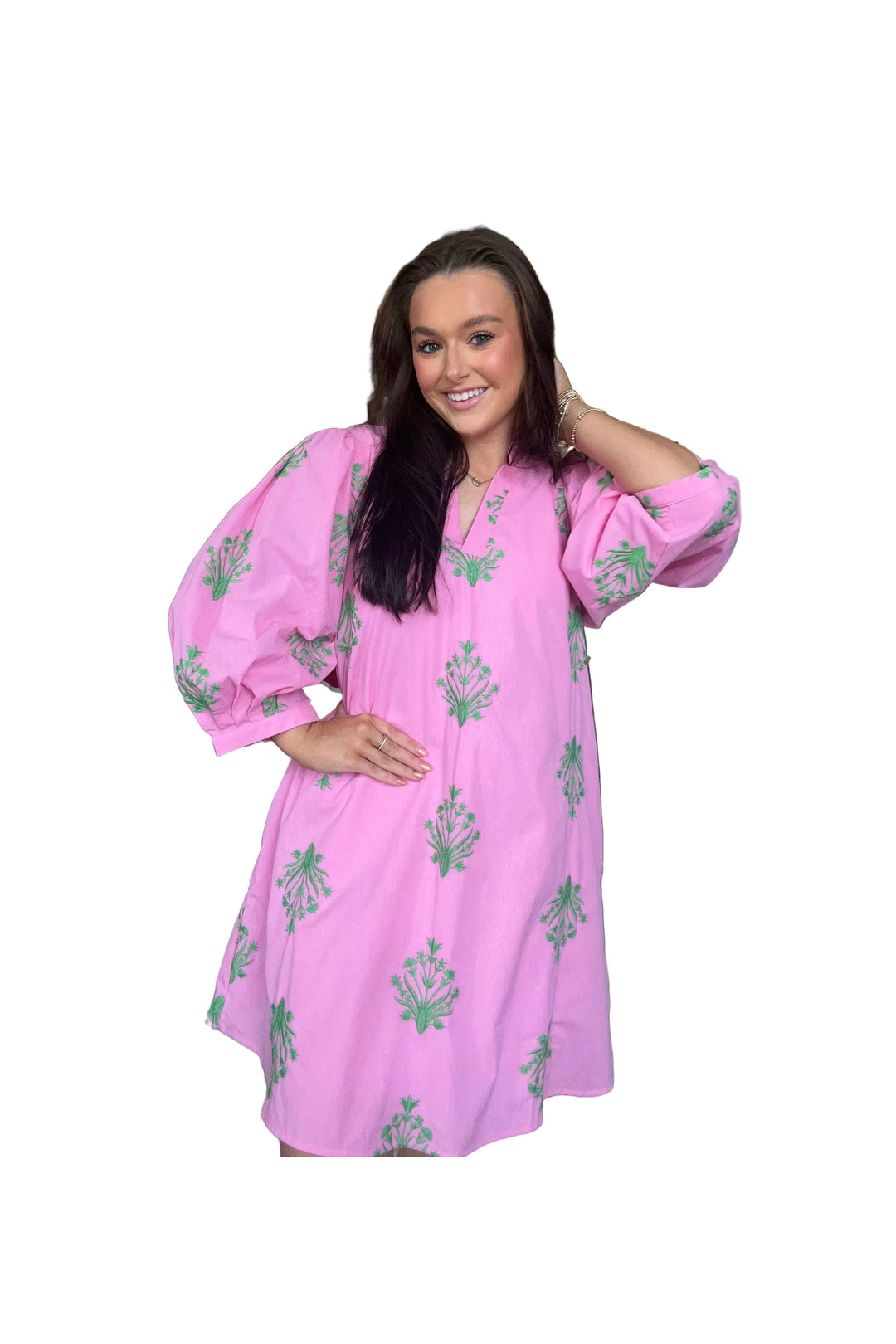 Pink Mini Dress with Green Embroidery by Entro - Vintage Dragonfly Boutique