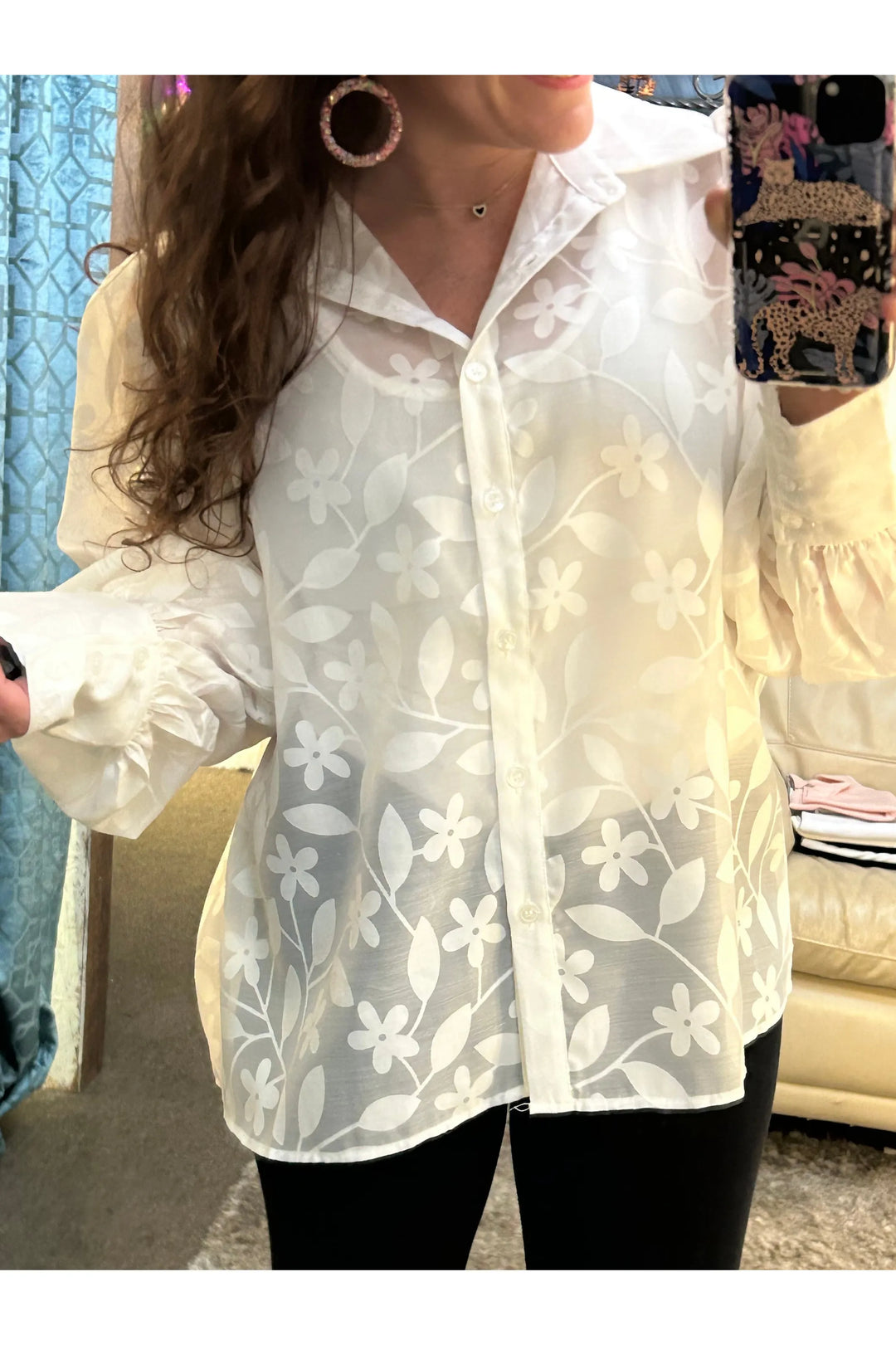GeeGee Sheer Floral Button Down Top - Vintage Dragonfly Boutique