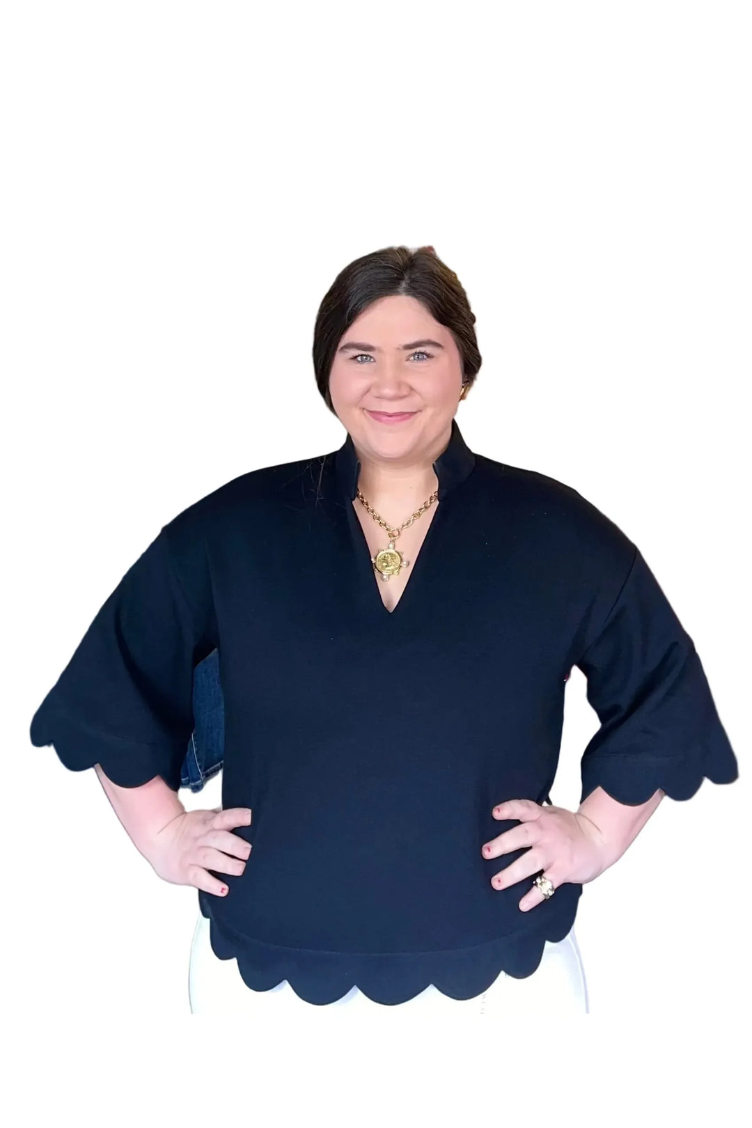 Black Scallop Trim Split Neck Top with 3/4 Sleeves by Entro - Vintage Dragonfly Boutique