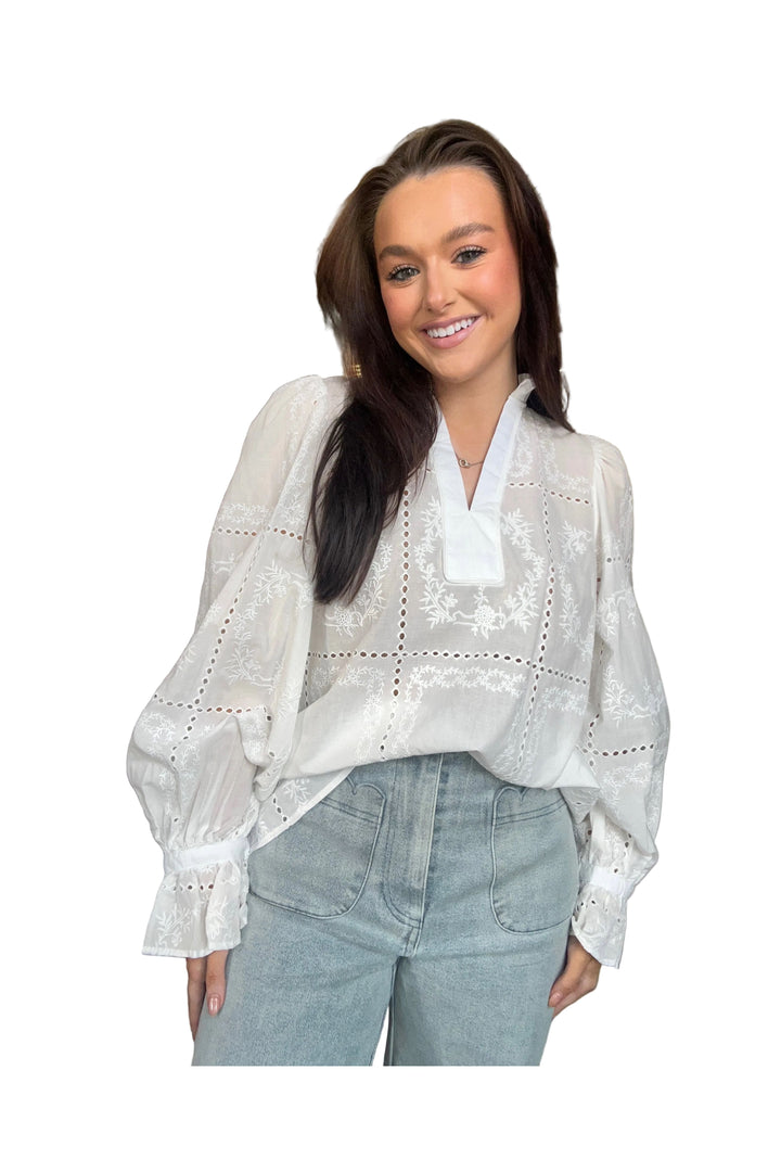 Entro Embroidered Eyelet Long Sleeve Top with Ruffled Neck - Vintage Dragonfly Boutique