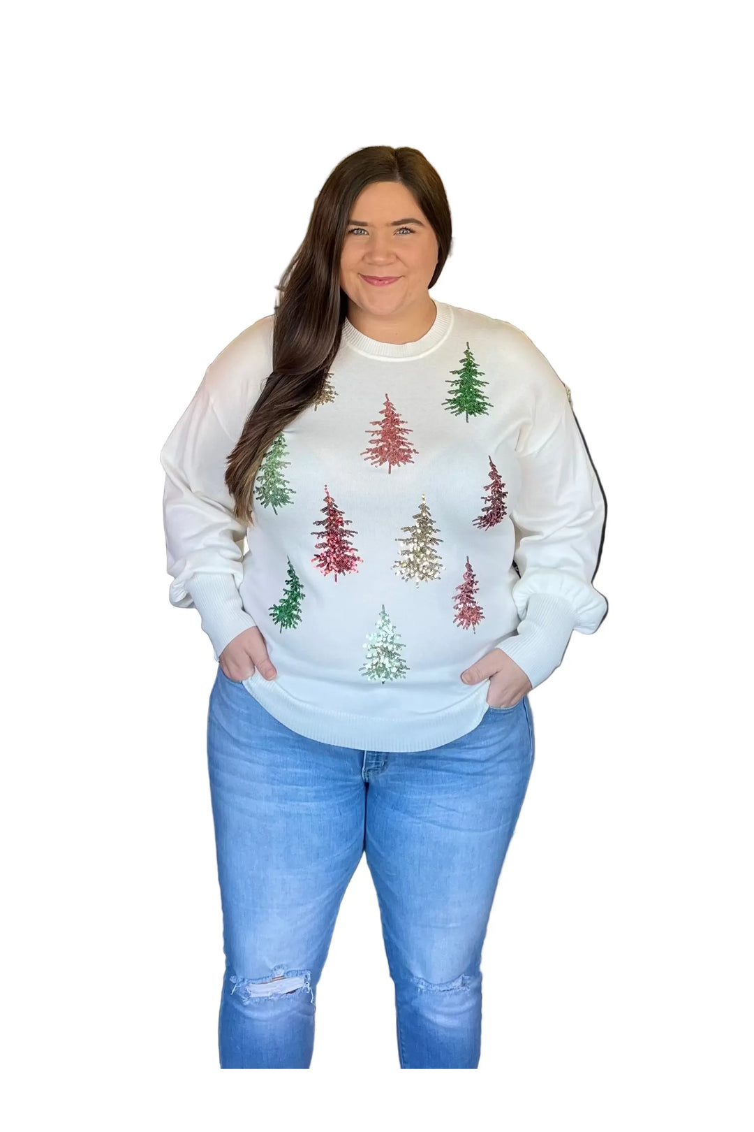 Vine & Love Sequin Tree Sweater – Holiday Balloon Sleeve Top for Women