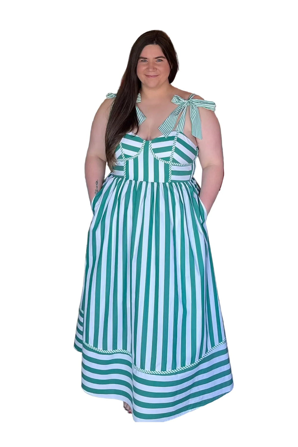 Entro Green & White Striped Tie-Strap Midi Dress - Vintage Dragonfly Boutique