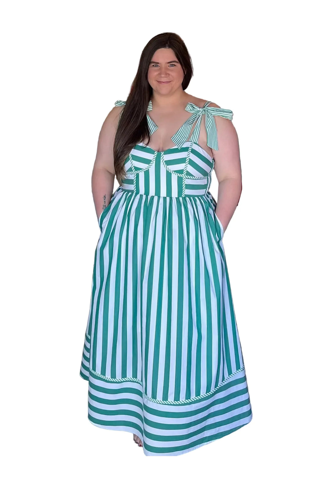 Entro Green & White Striped Tie-Strap Midi Dress - Vintage Dragonfly Boutique