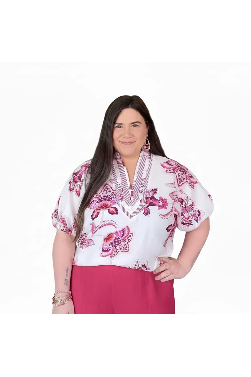 Entro Pink Floral Elasticized Short Sleeve Top - Vintage Dragonfly Boutique