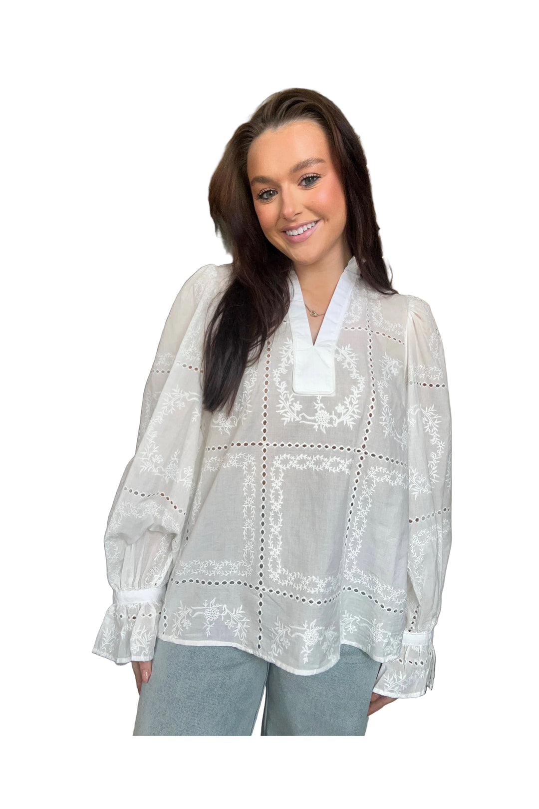 Entro Embroidered Eyelet Long Sleeve Top with Ruffled Neck - Vintage Dragonfly Boutique