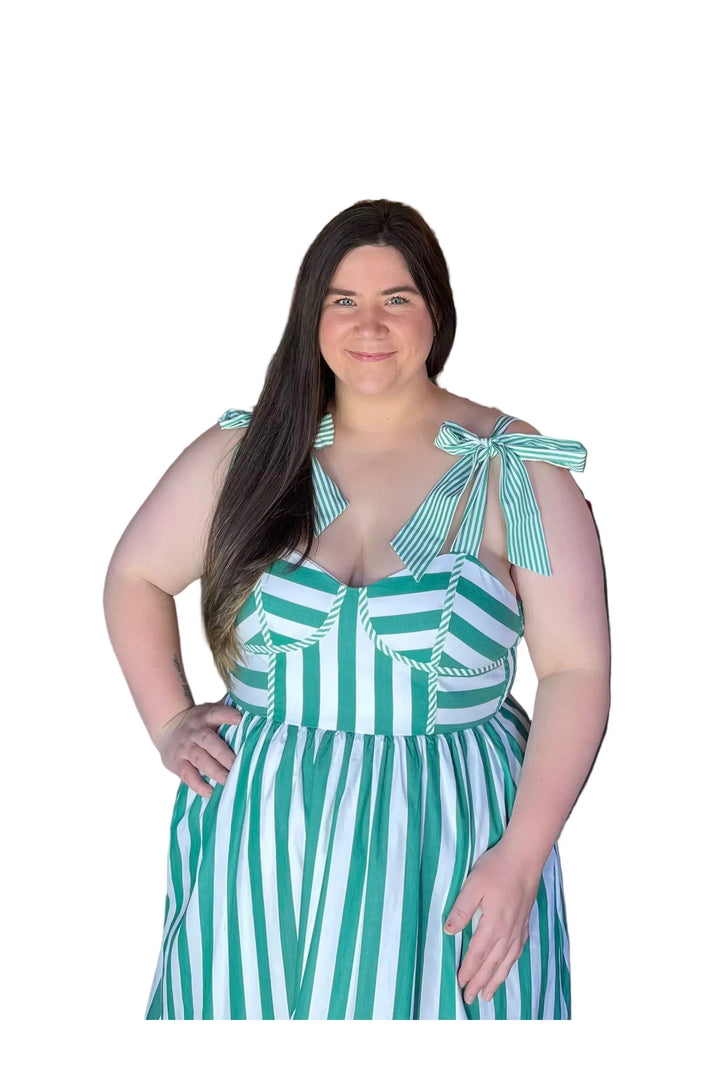 Entro Green & White Striped Tie-Strap Midi Dress - Vintage Dragonfly Boutique