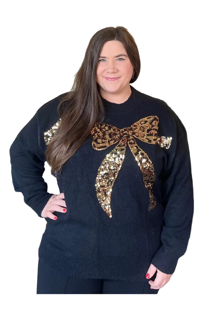 Black Sweater With Animal Pattern Bow