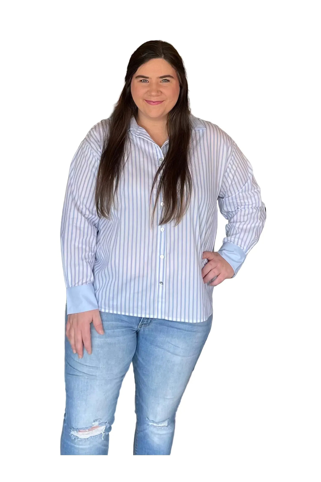 Blue & Off-White Pinstripe Button Front Collared Top by ENTRO - Vintage Dragonfly Boutique