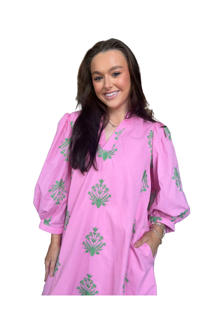 Pink Mini Dress with Green Embroidery by Entro - Vintage Dragonfly Boutique