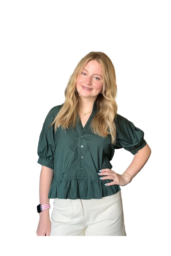 Entro Ruffle Hem Button Front Blouse – Cream &amp; Forest Green - Vintage Dragonfly Boutique