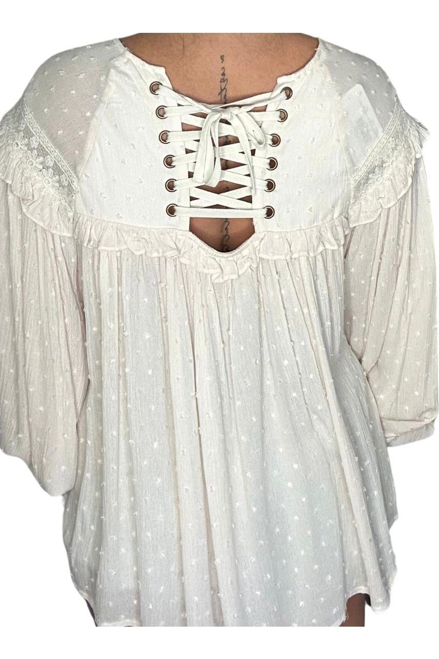 Vine & Love - Lace-Up Back Detail Swiss Dot Top - Vintage Dragonfly Boutique