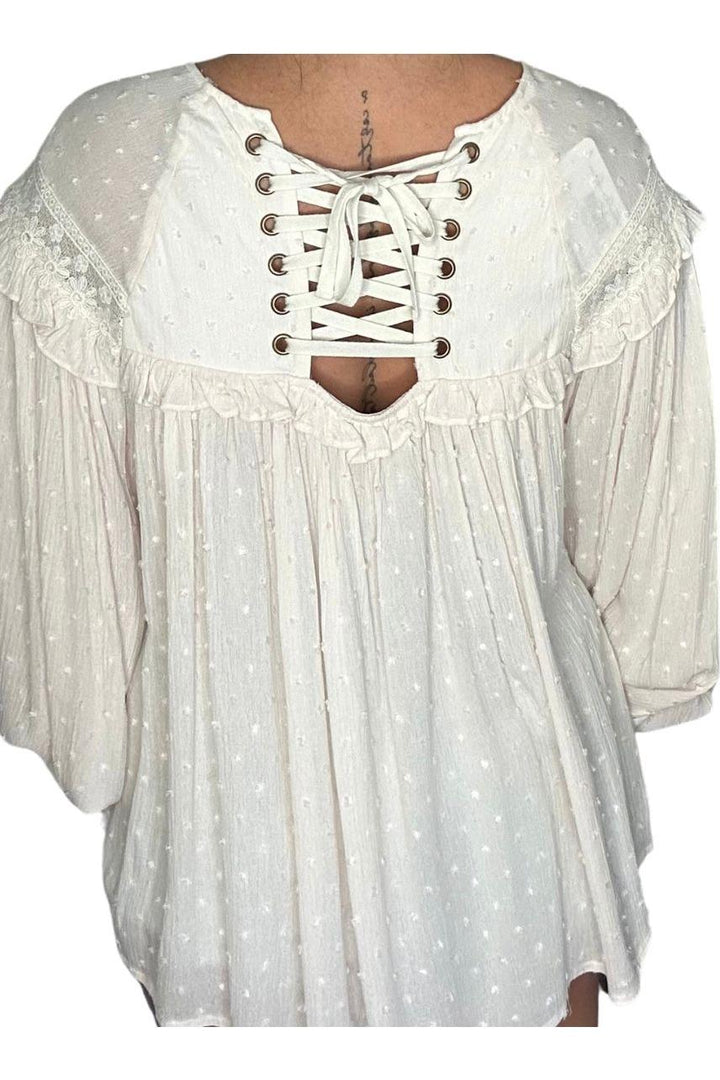 Vine & Love - Lace-Up Back Detail Swiss Dot Top - Vintage Dragonfly Boutique