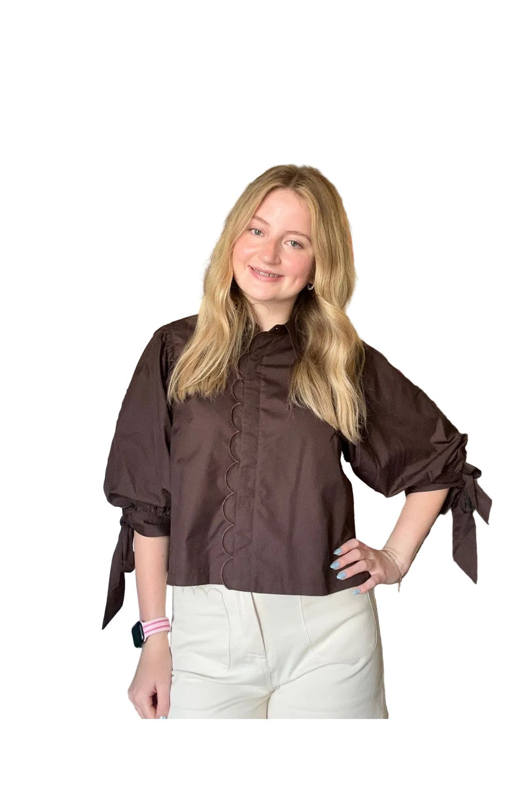 Entro Tie Sleeve Button Front Blouse in Chocolate Brown &amp; Army Green - Vintage Dragonfly Boutique