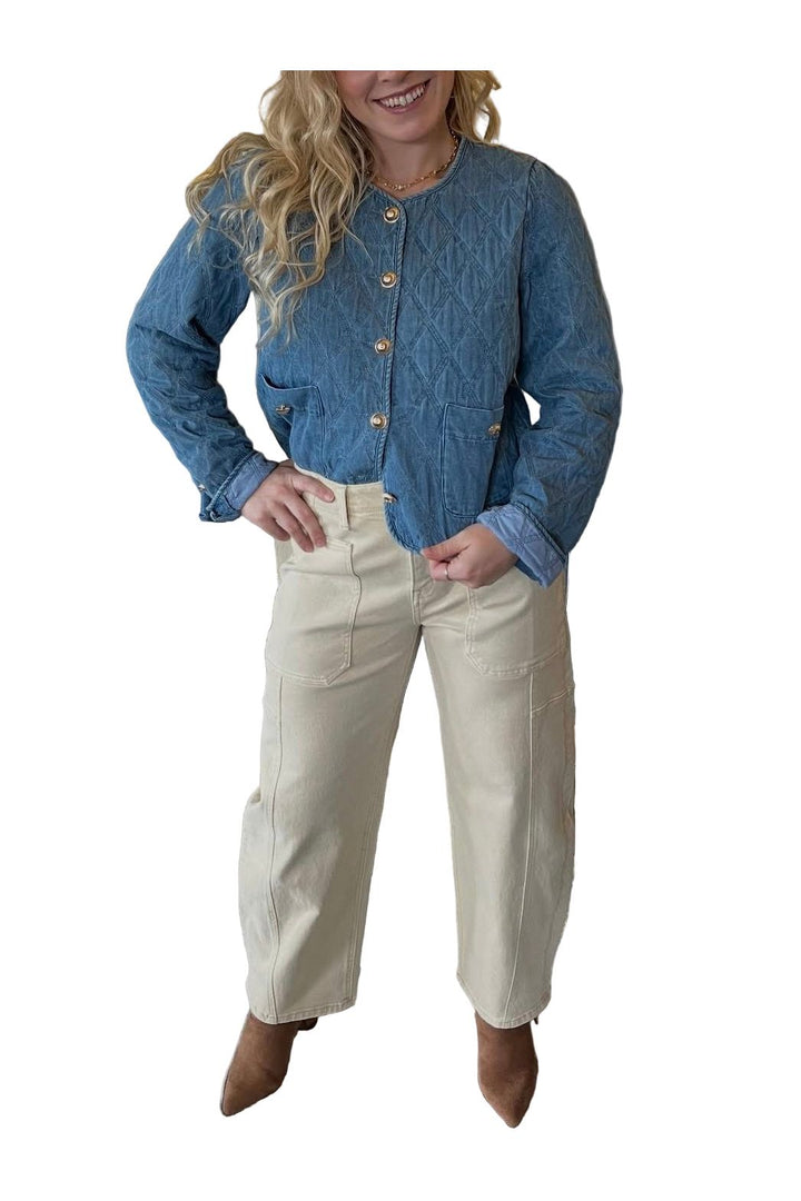 Flying Monkey Super High Rise Barrel Pants in Tan – Cropped Comfort Stretch Denim