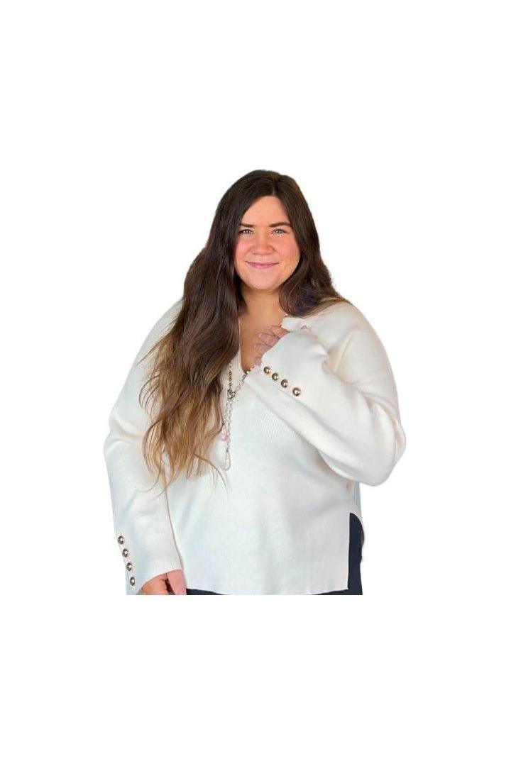 Cream Split Neck Long Sleeve Sweater - Vintage Dragonfly Boutique