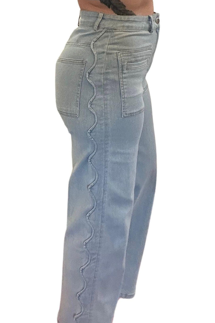 Entro Denim Pants with Patch Pockets and Scalloped Trim - Vintage Dragonfly Boutique
