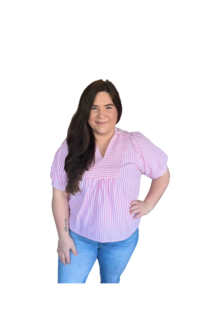Entro Babydoll Stripe Top – Lemon, Pink & Mint Puff Sleeve Blouse