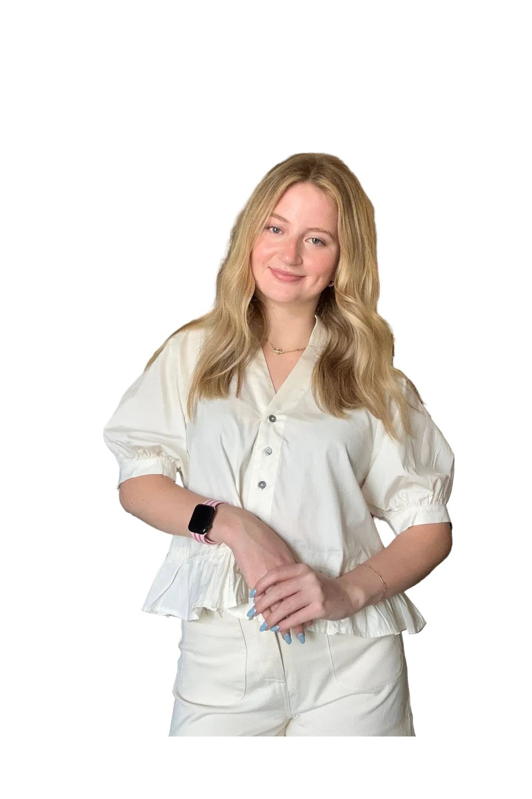 Entro Ruffle Hem Button Front Blouse – Cream &amp; Forest Green - Vintage Dragonfly Boutique