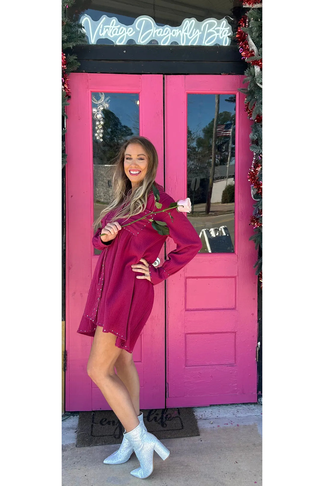 Magenta Shirt Dress with Rhinestones - Vintage Dragonfly Boutique