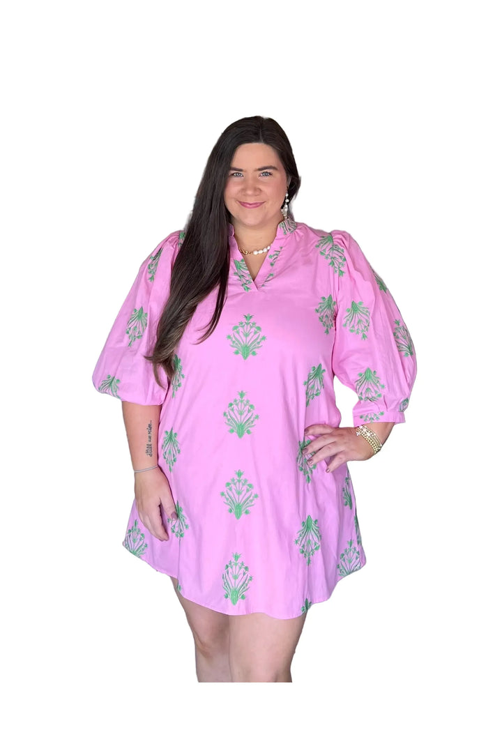 Pink Mini Dress with Green Embroidery by Entro - Vintage Dragonfly Boutique