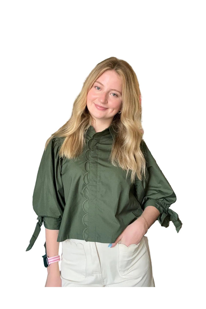 Entro Tie Sleeve Button Front Blouse in Chocolate Brown &amp; Army Green - Vintage Dragonfly Boutique